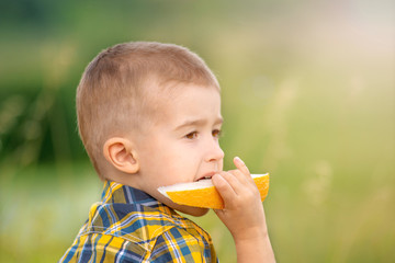 Portrait of beautiful little boy eats ripe melon on the nature park