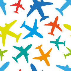 Multicolored bright airplanes isolated on a white background. Seamless pattern. Color vector graphic drawing. Texture.