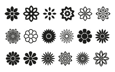 Set of flower icons. Black silhouette. Vector graphic drawing. Isolated object on a white background. Isolate.