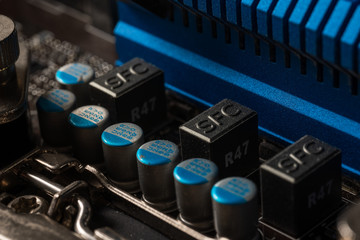 computer motherboard on it are located capacitors and radiator