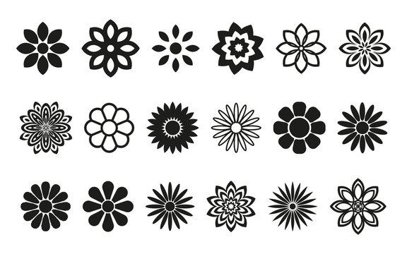 Set of flower icons. Black silhouette. Vector graphic drawing. Isolated object on a white background. Isolate.