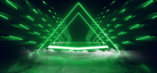 Smoke Fog Neon Laser Vibrant Electric Podium Triangle Sci Fi Cyber Stage Showroom Garage Green Glowing Reflective Concrete Dark Night Club Dance Futuristic 3D Rendering