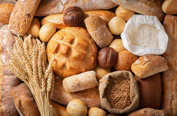 Fresh baked bread and wheat ears, top view