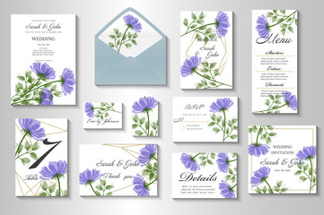 Wedding invitation with flowers and leaves. Vector illustration.