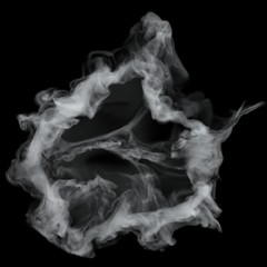White cloud burst texture isolated on black background. Steam explosion special effect. Realistic thick smoke Puff.
