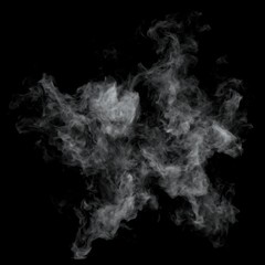 White cloud burst texture isolated on black background. Steam explosion special effect. Realistic thick smoke Puff.