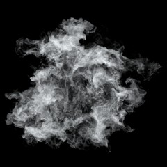 White cloud burst texture isolated on black background. Steam explosion special effect. Realistic thick smoke Puff.
