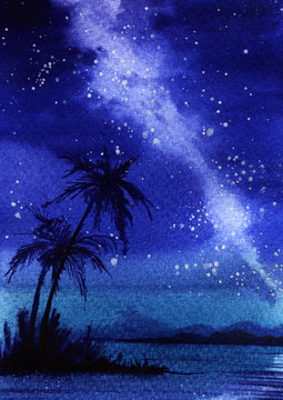 Tropical landscape. Black silhouettes of island with palm trees and mountains against dark blue night sky with stars and Milky Way. Calm water Abstract watercolor background. Hand-drawn illustration