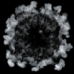 White cloud burst texture isolated on black background. Steam explosion special effect. Realistic thick smoke Puff.