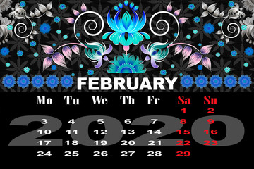 Calendar decorative flowers folk. Decorative floral pattern. Design element set.February 2020