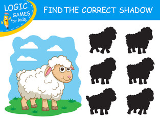 Cute cartoon Sheep. Find the correct shadow. Educational matching game for children with cartoon character. Logic Games for Kids. Education card with task for children preschool and kindergarten.