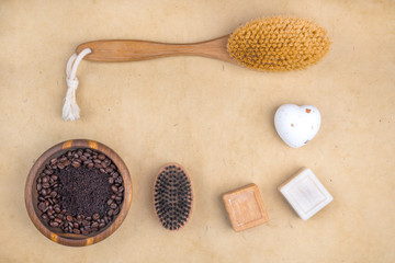 bath accessories as coffee scrub, brush