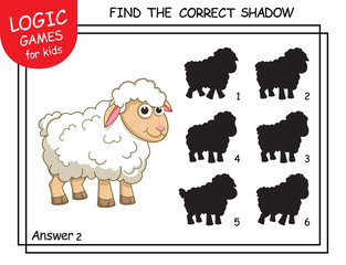 Find the correct shadow. Cute cartoon Sheep. Educational matching game for children with cartoon character. Logic Games for Kids. Education card with task for children preschool and kindergarten.