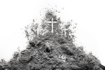 Three cross on the Golgotha hill as Good Friday, Easter, Ash Wdnesday or Lent period drawing in ash...