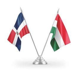 Hungary and Dominican Republic table flags isolated on white 3D rendering
