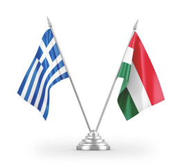 Hungary and Greece table flags isolated on white 3D rendering