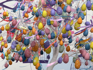 Fototapeta na wymiar Many multi-colored eggs on an Easter tree.