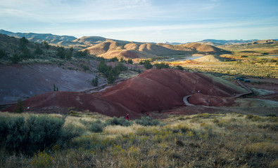 Breathtaking colorful red and white clay fossil beds with a beautiful semi desert background with big white clouds and a blue sky at the John Day Fossil Beds Painted Cove Trail in Oregon