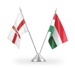 Hungary and Northern Ireland table flags isolated on white 3D rendering