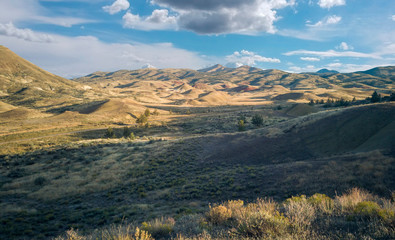 Incredible gold and red hills of clay fossil beds in a semi desert mountain valley on a sunny day of the painted cove trail at the john day fossil beds in Oregon