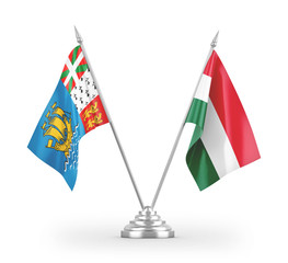 Hungary and Saint Pierre and Miquelon table flags isolated on white 3D rendering