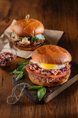 burger with beef cutlet and egg