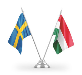 Hungary and Sweden table flags isolated on white 3D rendering