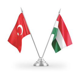 Hungary and Turkey table flags isolated on white 3D rendering