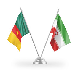 Iran and Cameroon table flags isolated on white 3D rendering