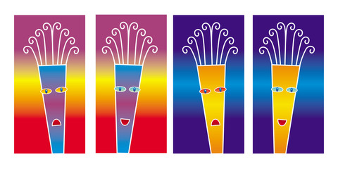 Four elongated physiognomy. Cartoon faces of men with emotions in bright colorful colors. Vector art graphic.