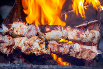 meat on skewers cooked on fire, juicy kebab	