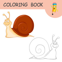 Coloring Cute Cartoon Snail. Coloring book or page cartoon of funny Shellfish for kids. Cute colorful fauna animal as an example for coloring book. Practice worksheet for school and kindergarten.