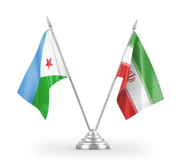 Iran and Djibouti table flags isolated on white 3D rendering