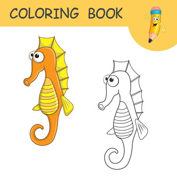 Seahorse. Coloring book or page cartoon of funny Sea Horse for kids. Cute colorful cartoon fish as an example for coloring book. Practice worksheet for preschool and kindergarten. Vector illustration.