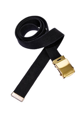 belt black cotton with golden buckle isolated on white background
