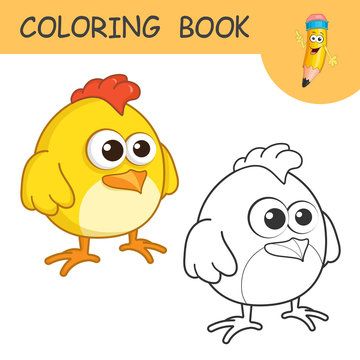 Coloring Cute Cartoon Chicken. Coloring book or page cartoon of funny Chick for kids. Cute colorful farm animal as an example for coloring book. Practice worksheet for school and kindergarten.