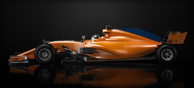 Motor sports competitive team racing. Sleek generic orange race car and driver with side view perspective, studio lighting and reflective background. 3d rendering