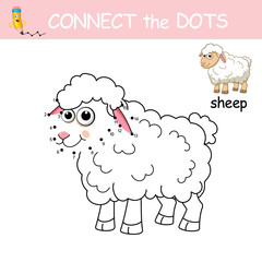 Connect the dots by numbers to draw Sheep. Dot to dot Game with sample. Game and Coloring Page with cartoon cute Sheep. Logic Games for Kids. Education card for kids learning counting number 1-15.