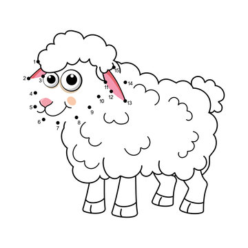 Sheep. Dot to dot Game. Connect the dots by numbers to draw the Lamb. Game and Coloring Page with cartoon cute Sheep. Logic Games for Kids. Education card for kids learning counting number 1-15.
