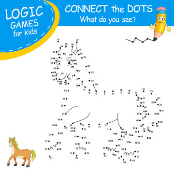 Connect the dots by numbers to draw the Horse. Dot to dot Education Game and Coloring Page with cartoon cute Horse character. Logic Games for Kids. Education card for kids learning counting number.