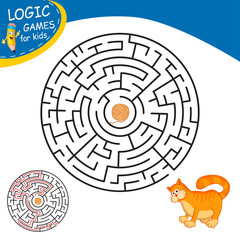 Maze or Labyrinth for Children with Cartoon Cat and Tangle. Find right way. Simple round maze with answer. Entry and exit. Children puzzle game. Education Labyrinth conundrum. Logic Games for kids.