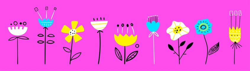 Hand drawn floral elements. Abstract flowers vector illustrations set. Decorative Scandinavian scribble, line and dot drawing. Doodle blooming plants flat simple composition.