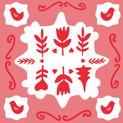 Floral folk doodle art square tile. Scandinavian style with traditional geometric shapes in festive colors. Folklore cliparts elements for tile mosaic, ceramic tableware, napkins, coasters, postcard