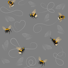 Bumblebee seamless pattern with abstract lines and insect wings on gray