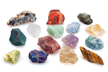 Different stones minerals on a white background.