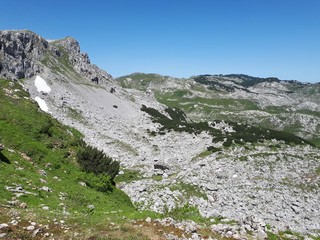 Scenic mountain scenery, view of broken rocks and snow glacier