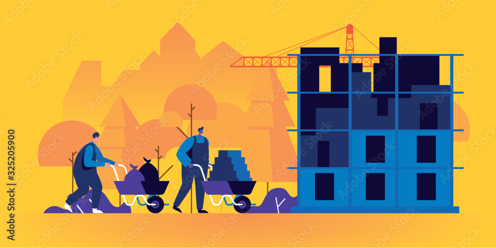 Poster builders working on construction site. pair of workers using wheelbarrows to carry bricks and constr