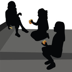 girls sitting, eating and making chat silhouette vector