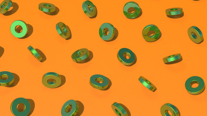 Green metallic rings, orange background. Abstract illustration, 3d rendering.