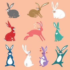 Vector set of cute rabbits in cartoon style. Rabbits in cartoon style. Vector illustration. Draw vector illustration set design of rabbit. Doodle style. Bunny, cute characters.